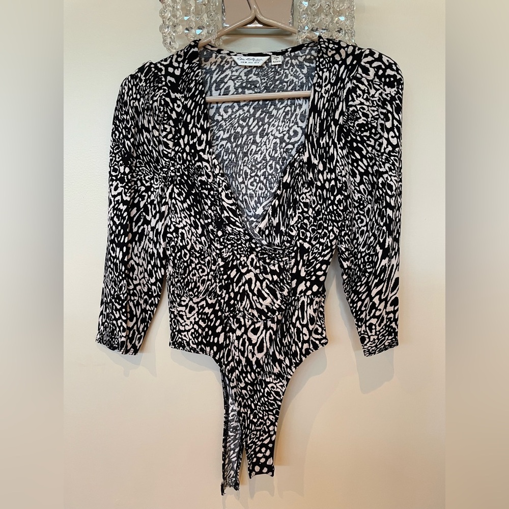 Miss Selfridge Black and White Animal-Print Wrap Bodysuit